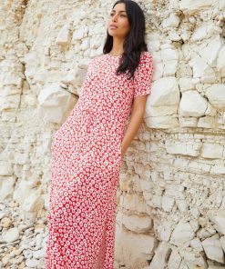 Women's Red Floral Ruched Waist Jersey Midi Dress with Pockets
