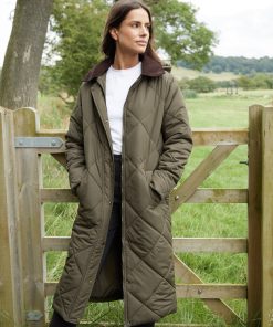 Women's Khaki Diamond Quilted Heritage Longline Barn Jacket with Removable Hood