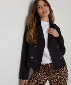 Women's Black Double Breasted Cropped Trench Coat