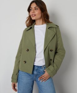 Women's Khaki Double Breasted Cropped Trench Coat