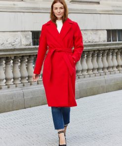 Women's Red Collared Belted Formal Coat